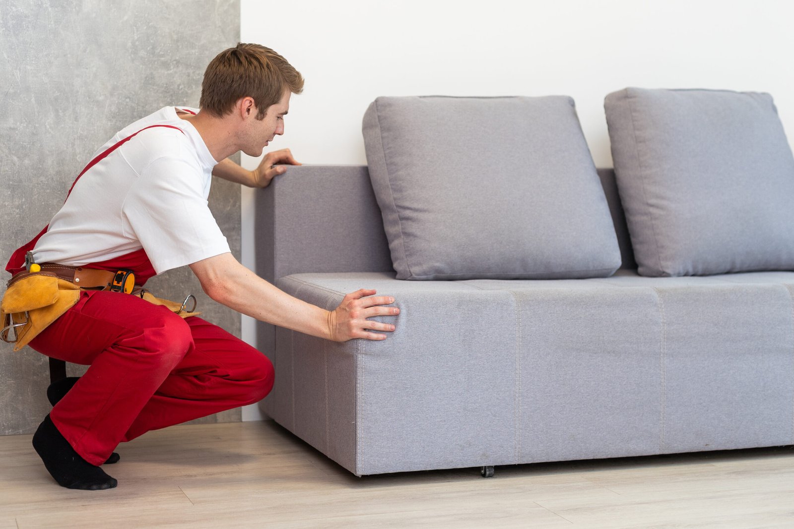 Handwerker positioniert graues Sofa auf glattem Boden
